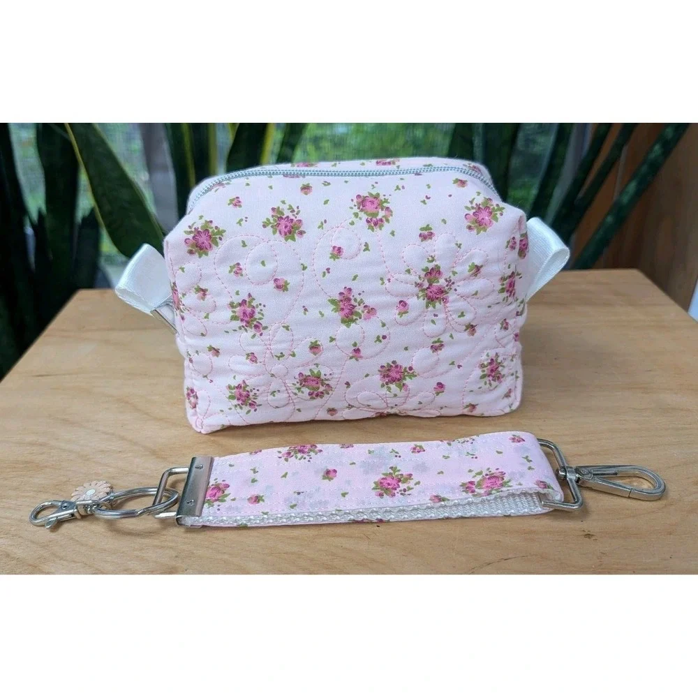 Embroidered MAKEUP Cosmetic Toiletries Pink Rose Floral + Matching Key Fob SET